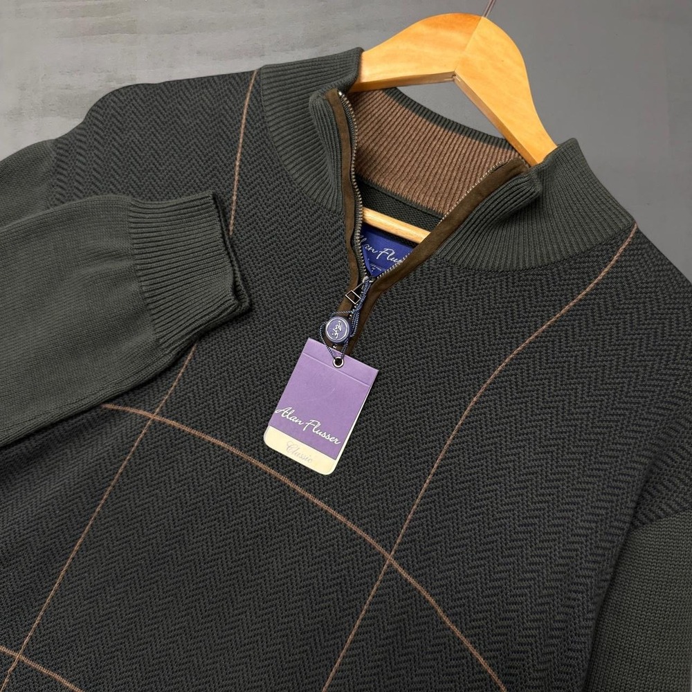 NEW Alan Flusser Quarter Zip Sweater Olive Green Herringbone Windowpane Medium‎